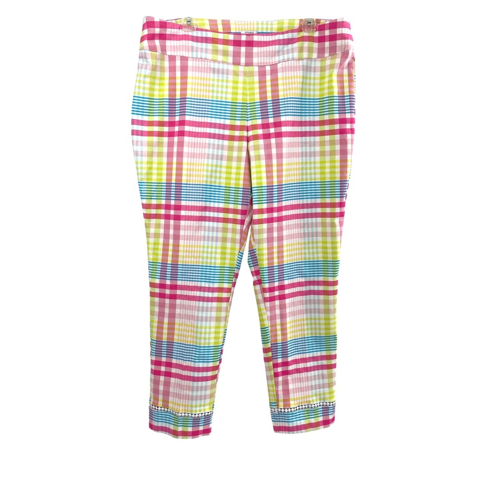 Crown & Ivy Plaid Ankle Pants Women 20W Pink Blue Yellow Cropped Vibrant Coastal
